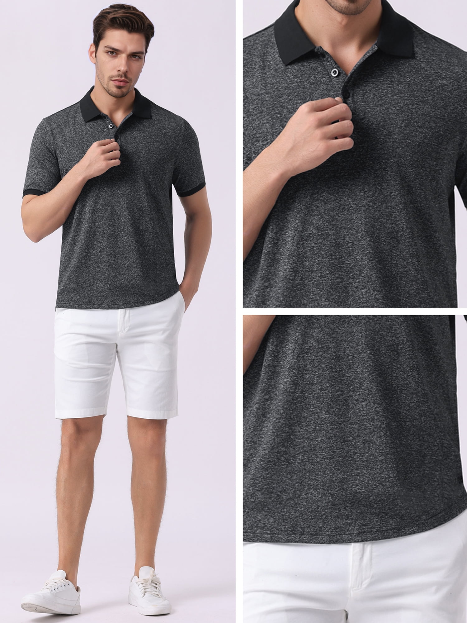 DARING DIVA Men's Casual Stretch Athletic Short Sleeve Heathered Golf Polo Shirt S Black