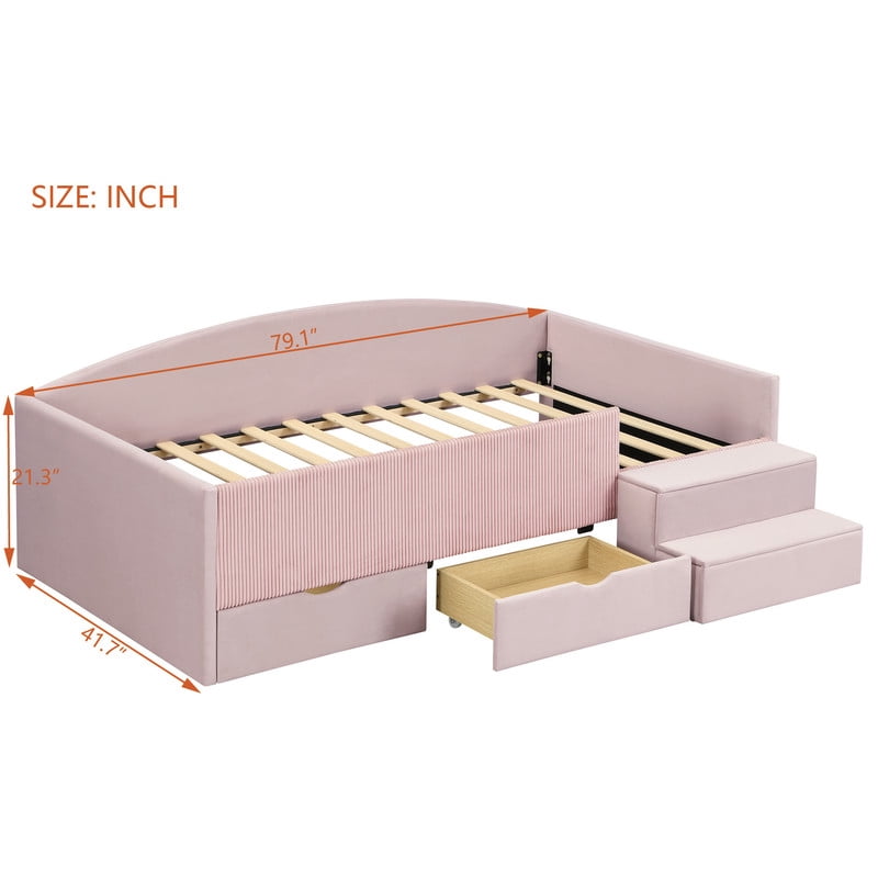 Twin Size Kids Daybed Frame with Small Stair & 2 Storage Drawers, Velvet+Corduroy Dual Upholstered Accent Platform Bed