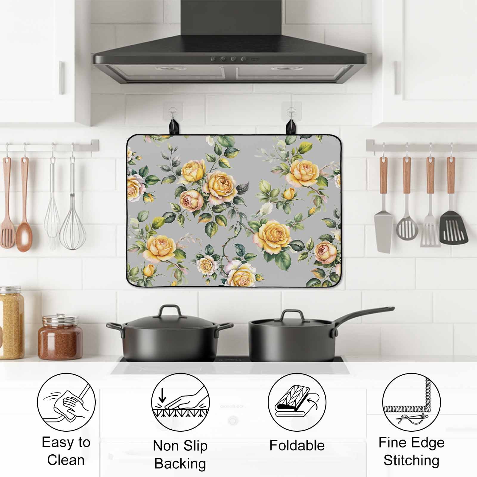Yellow Rose Stove Top Cover for Electric Stove, Heat-proof & Non Slip Glass Top Stove Cover Protector, Vintage Country Botanical Floral Vines Kitchen Flat Cooktop Rubber Mat 24x21 Inches