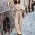 thumbnail image 2 of KIHOUT Clearance Women's Spring And V-Neck Solid Color Temperament Loose Pure Three Quarter Sleeves Bat-Shirt Knotted High Waist Wide Leg Trousers Two-Piece Set, 2 of 8
