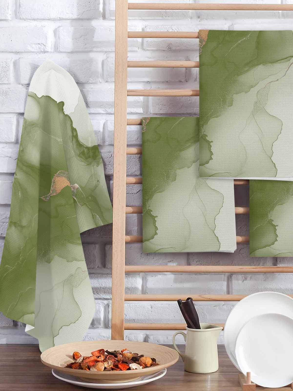 Sage Green Marble Kitchen Dish Towels for Drying Dishes Set of 4, Modern Ombre Abstract Ink Painting Art Waffle Weave Microfiber Hand Tea Bathroom Towels Quick Dry & Absorbent Towel 15.7x23.6