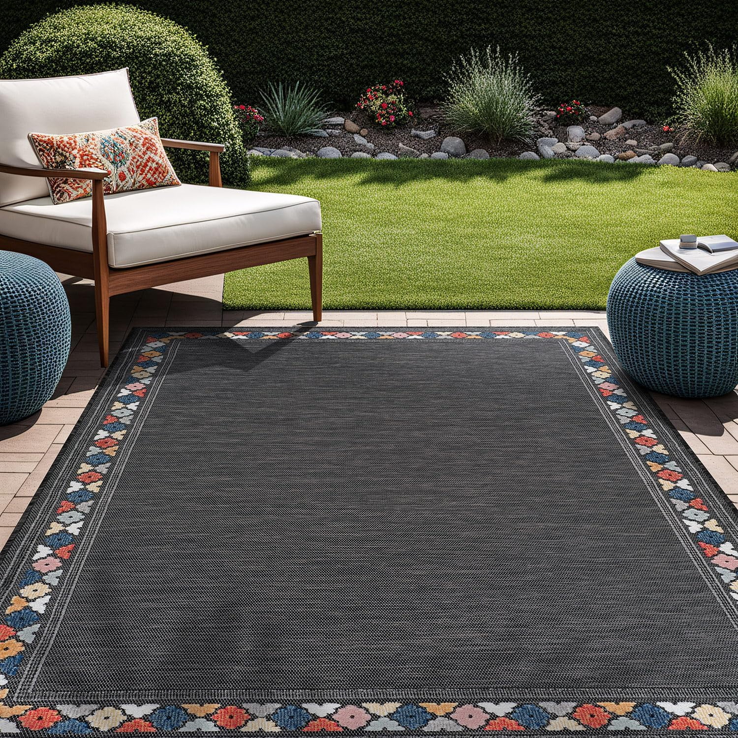 Beverly Rug Outdoor / Indoor Area Rugs Patio Porch Garden Carpet Bordered / Dark Gray 4x6