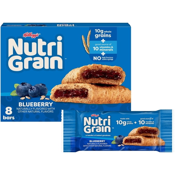 Nutri-Grain Breakfast Bars, Made with 10g Whole Grains, Snack Bars, Blueberry, 10.4oz Box (8 Count)