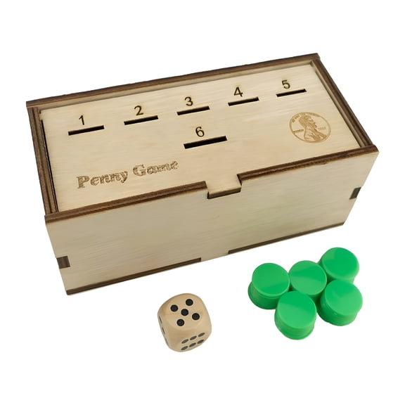CYFW Penny Game Set Includes Wood Game Box   1 Wood Dice   50 Green Plastic Chips, Coin Game Wood Box for 2-6 Players, Simple   Strategic Dice Games Board Games for Adults