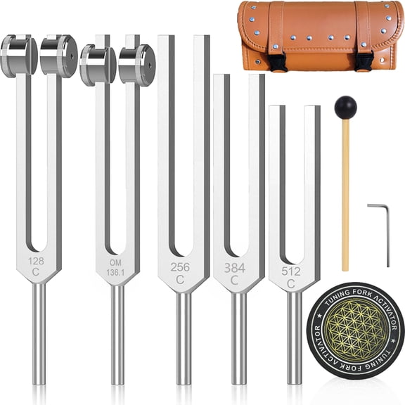 Resonance Tuning Forks for Healing Set - Weighted & Unweighted Tuning Fork Set Including 128Hz, 136Hz, 256Hz, 384Hz ,512HZ& Hockey Puck Activator - Chakra Sound Therapy Instruments