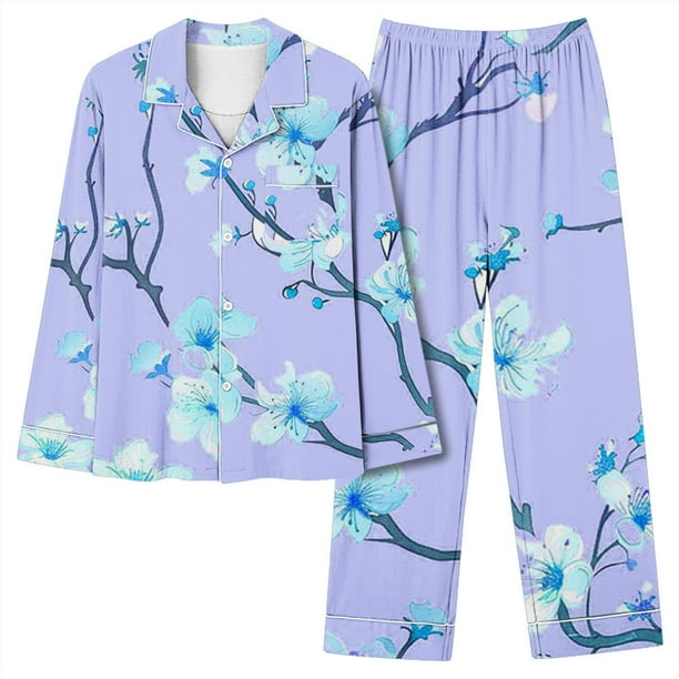 Puntoco Conjunto De Pijama Informal De Manga Larga Con Estampado De Moda Informal Para Mujer (1 top + 1 Pantalón) Conjunto De Solapa De Manga Larga Azul Xxl