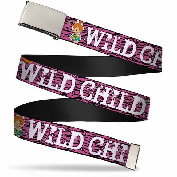 Adjustable Belt, Clamp Buckle, Cut-to-Fit, Pebbles Face Pose Wild Child Pink Black White
