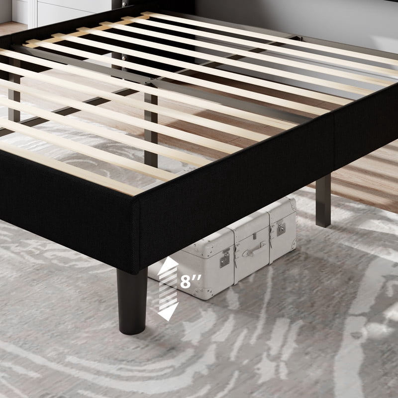 Feonase Queen Bed Frame with Luxury Wingback and Fast Charging Station,Upholstered Button Tufted Storage Headboard Platform Bed,Sturdy Wooden Slats Support,Noise-Free,Easy Assembly,Matte Black