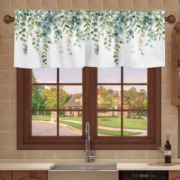 Kitchen Valances for Window, Gradient Green Eucalyptus Leaves Light Filtering Rod Pocket Valance Curtain, Watercolor Botanical Short Curtains Window Topper for Bedroom 54x18in