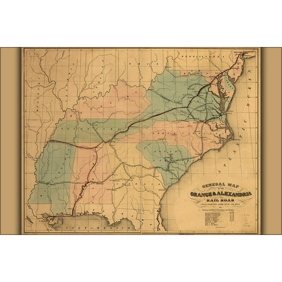 24"x36" Gallery Poster, map of Orange & Alexandria Rail Road virginia tennessee alabama georgia 1851
