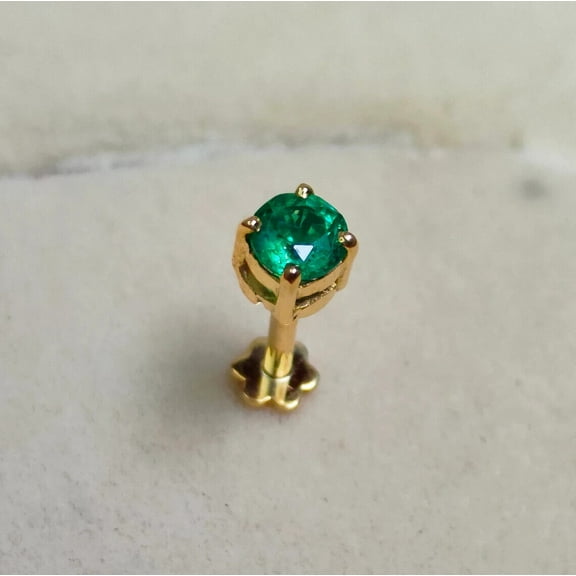 0.10 Ct Round Cut Lab Created Emerald Women's Nose Piercing Pin Solitaire 14k Yellow Gold Plated Silver