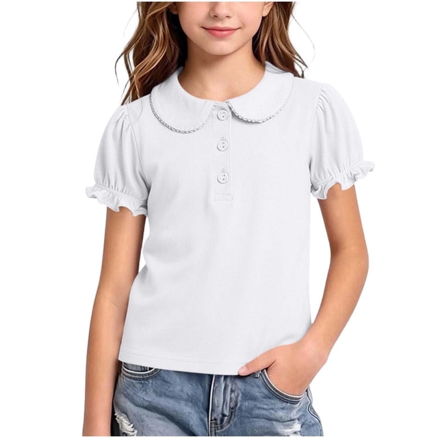 Odeerbi Camisas de Golf de Chicas Algodón Peter Pan Collar Puff Camisas de Tenis de Manga Corta
