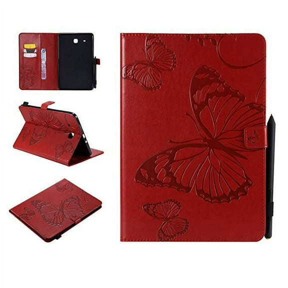 Galaxy Tab E 9.6" (SM-T560/T561) Case, Allytech Embossed with Butterfly Series Folio Smart Wallet Case with Cards/Cash Holder for Samsung Galaxy Tab E 9.6-inch (NOT for SM-T560NU), Red