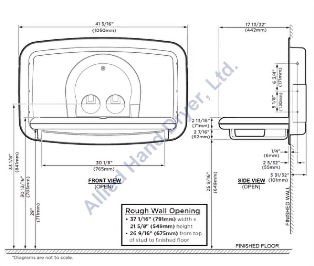 Baby Changing Station, Wall Horizontal Mount, 37.06 X 21.63, Gray