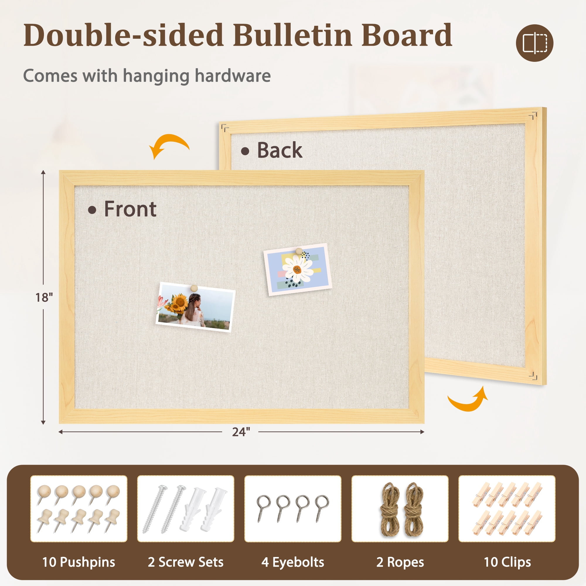 DOLLAR BOSS Bulletin Linen Board for Wall Bulletin Board 18"x 24" Double Sided Decorative Hanging Pin Board, Wood Frame Cork Board Light Bulletin Boards for Wall Decor for Home Kitchen Office