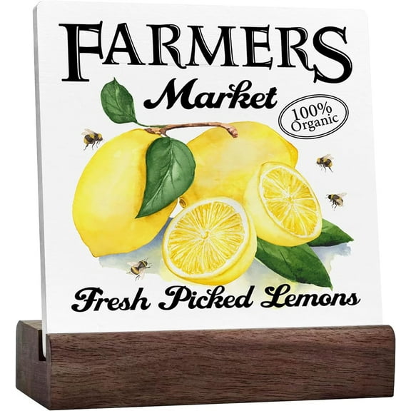 Ceramic Sign 4x4 Inch Lemon Ceramic Sign House Decor Farmers Market Lemon Square Ceramic Plaque Table Decorations Summer Wooden Stand Tiered Tray Ceramic Sign For Shelf Home Gift For Women Men