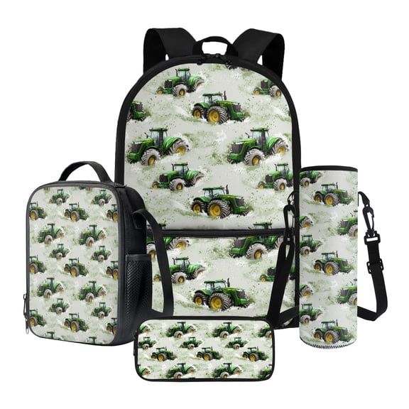 ZUXONGSY Tractor Print Boys Girls School Bag Set 4 Pcs Backpack with Lunch Box Pencil Case and Water Bottle Holder, Middle School Student Schoolbag Bookbag Set