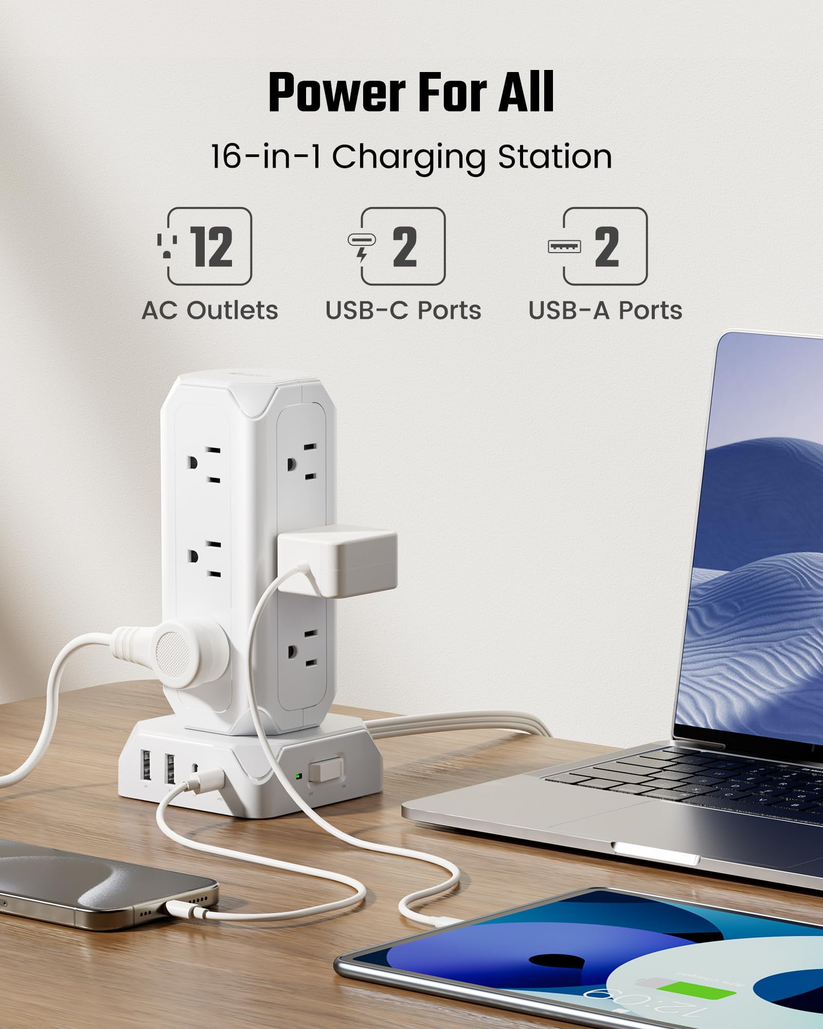 Koosom 35W Power Strip Tower,10FT Long Extension Cord,16-Outlet USB C Surge Protector, 12 AC Outlet,2 USB C and 2 USB A Ports Charging Staion