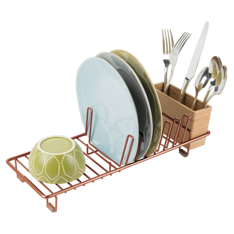 mDesign Steel Compact Dish Drying Rack w/Removable Cutlery Tray, Caddy,  Dish Drainer, Rack for Kitchen Counter, Sink; Holds Dishes, Utensil, Board;