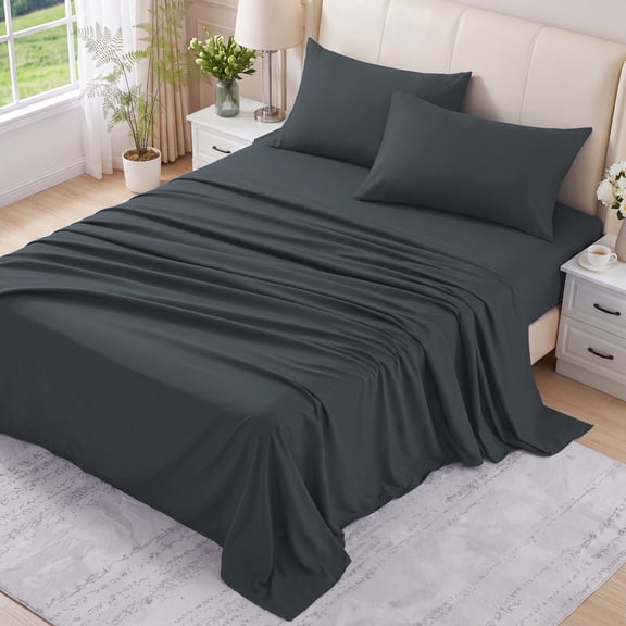 WISHEAD 4 Piece Queen Sheet Set, Deep Pocket Soft Bed Sheets, Breathable Cooling Bedding, Easy Care, Dark Grey