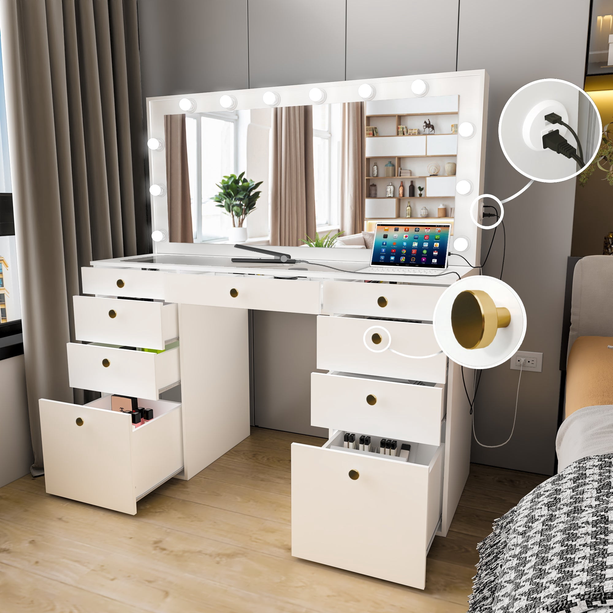 Ember Interiors Big Makeup Vanity with Large Mirror, Built-in Lights, 9 Drawers, Golden Knobs, White