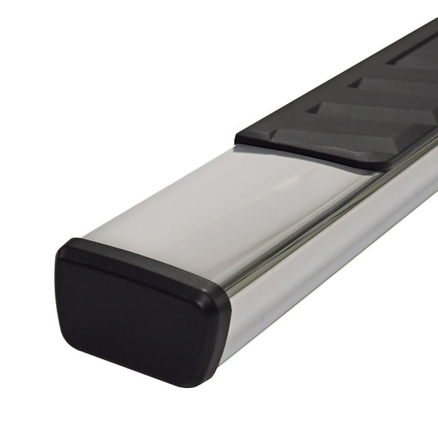 TrailFX Nerf Bar A4001S TFX 4 Trapezoid Side Steps; With Step Pads; 4 Inch Trapezoidal Straight; Polished; Stainless Steel; With Plastic End Caps; Rocker Panel Mount