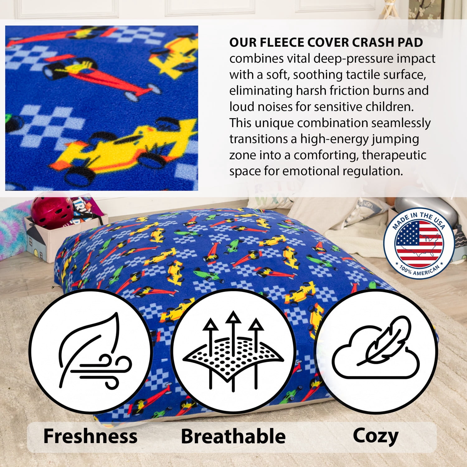60"x60" Sensory Crash Pad for Kids & Adults, Soft Fleece Foam Landing Mat, Non-Slip Base, Removable Washable Cover for Jumping, Playing, Gymnastics and Relaxing