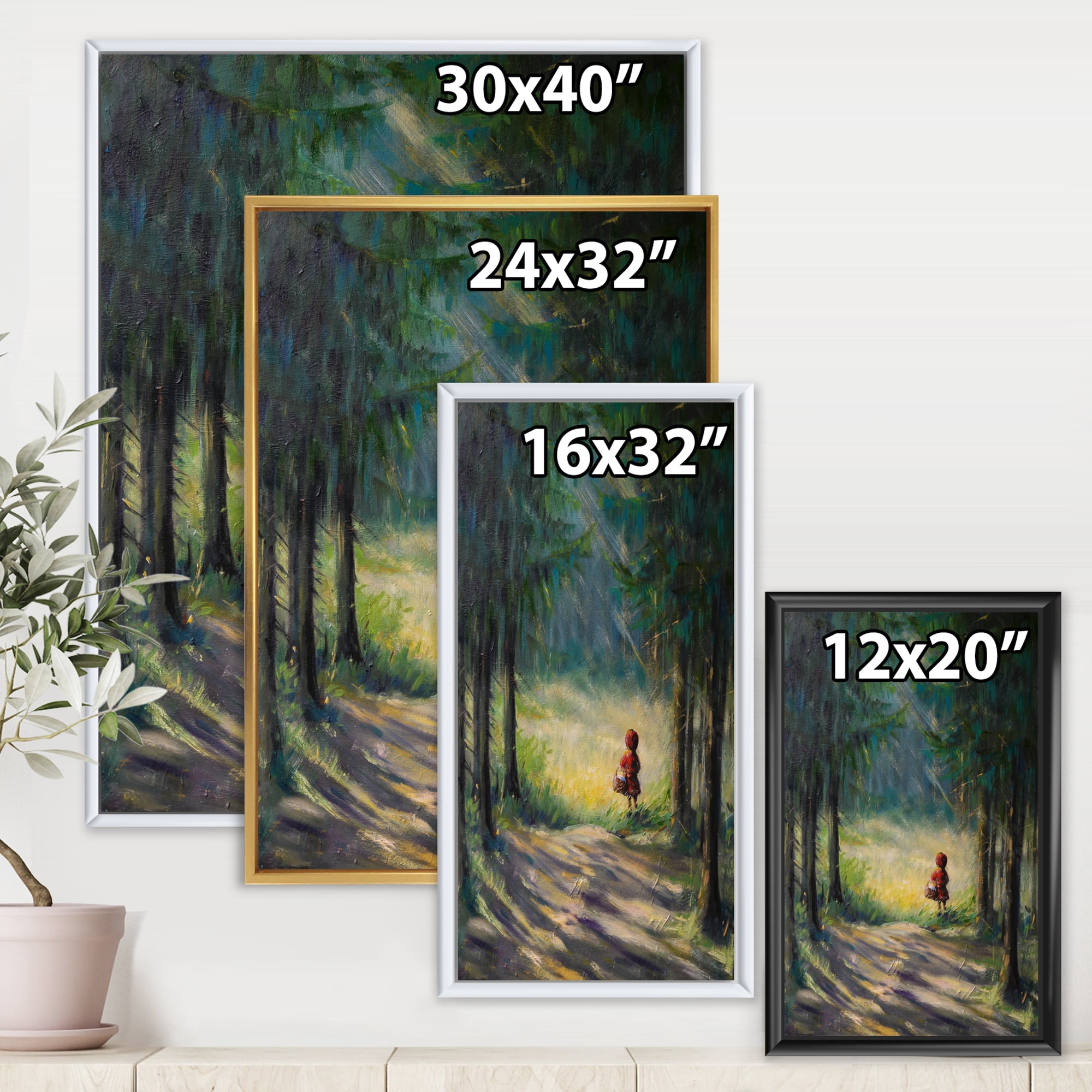 Designart 'Little Red Kid Riding Hood In The Woods' Traditional Framed Canvas Wall Art Print