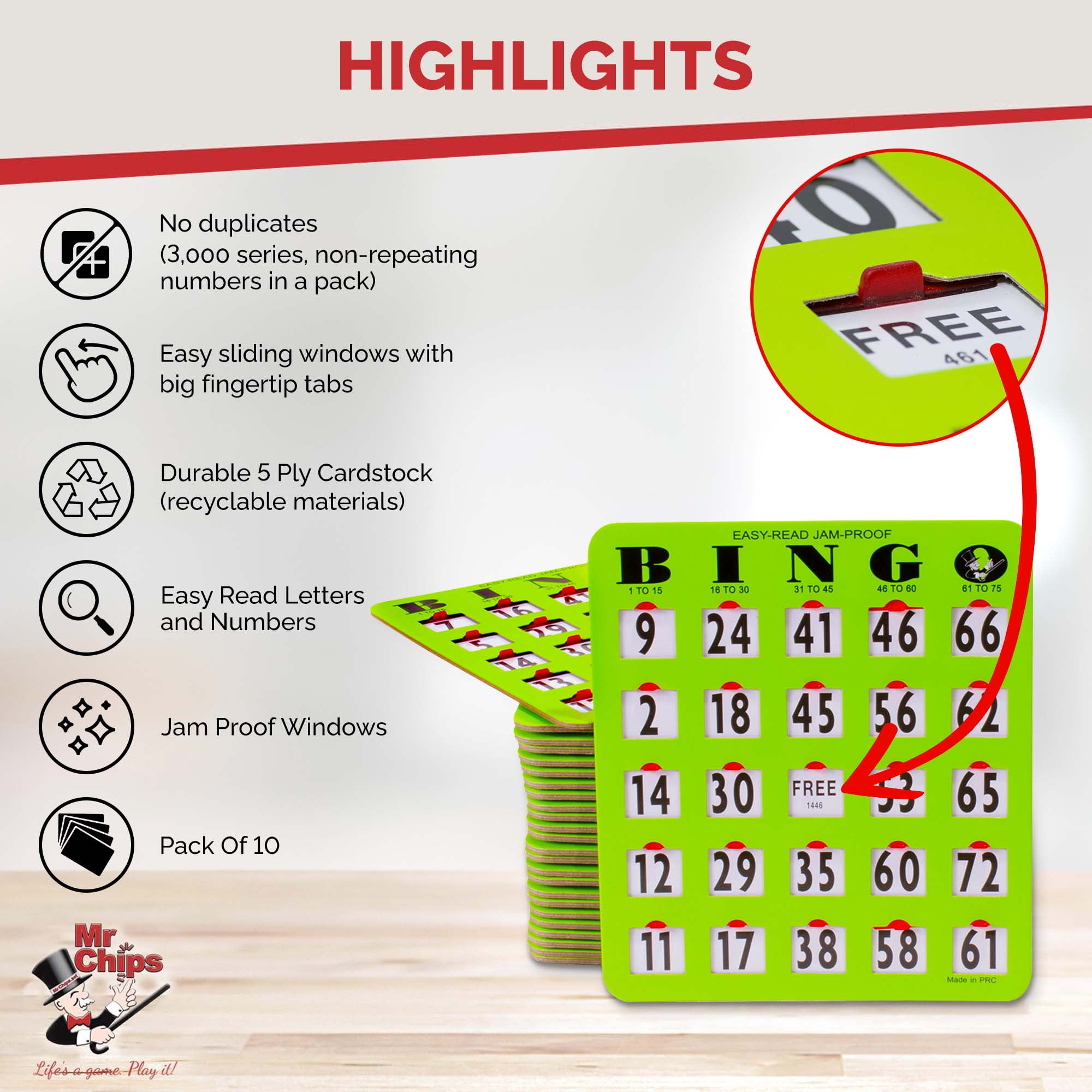 MR CHIPS Jam-Proof Easy-Read Large Print Fingertip Bingo Cards with Sliding Windows — Green, 10 Pack — for Seniors, Nursing Homes & Large Groups
