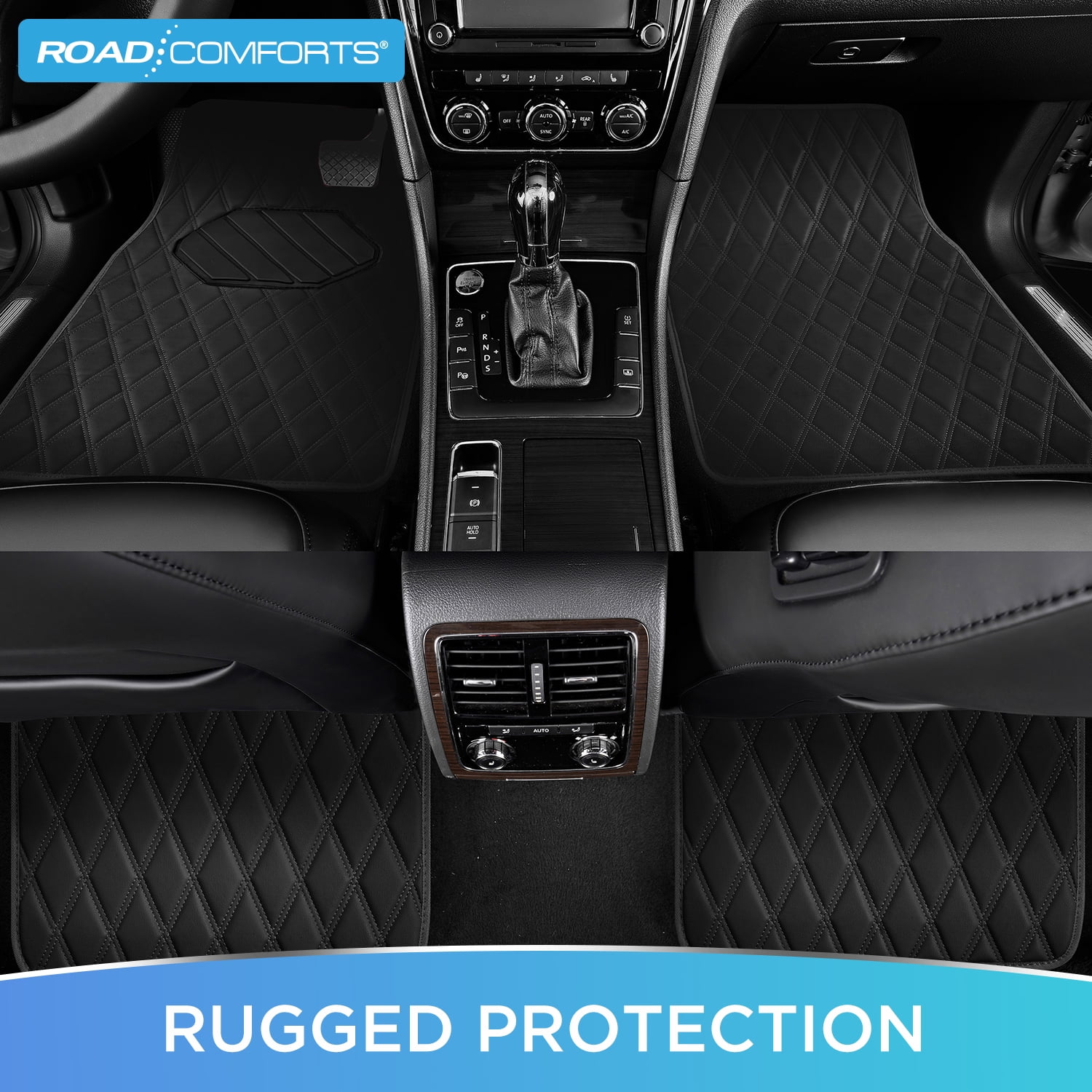 Road Comforts 4PC Leather Quilted Car Floor Mats, Stylish, Durable, Waterproof, Non-Slip, Full Coverage for Cars and SUVs Black