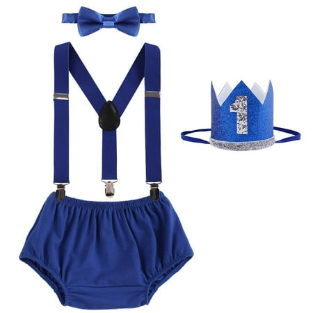 IBTOM CASTLE Baby Boys First Birthday Outfit Jungle Wild ONE Diaper Cover Pants + Suspenders + Bow Tie + Headband Cake Smash Clothes Set for Photo Shoot 3-24 Months Royal Blue