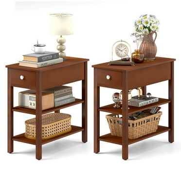 GVN Sofa Table, Side Table, Sofa Side Table,3-Tier Narrow End Table with Drawer and Storage Shelves Set of 2-Brown