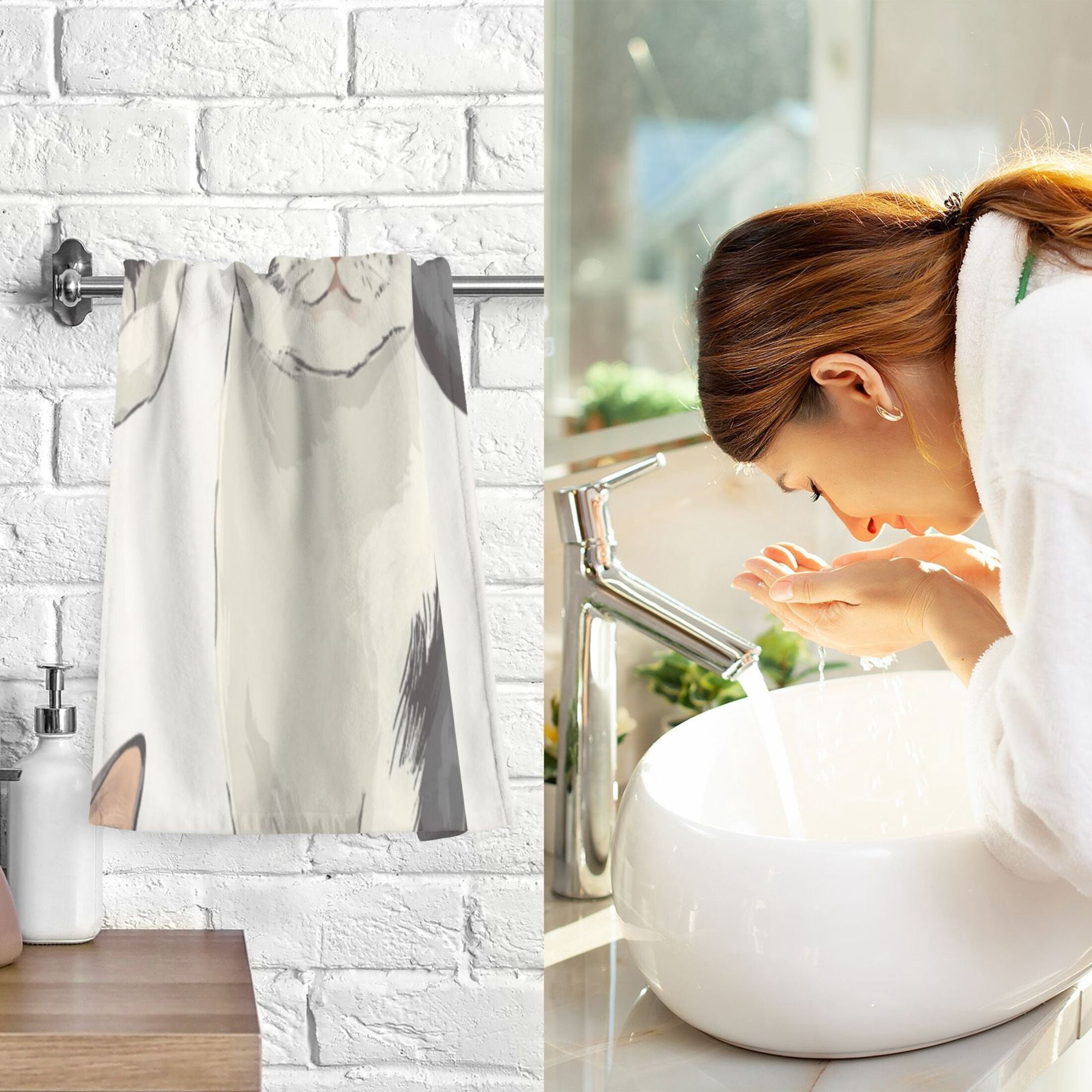 Cotton Towel Two-Piece 16x28 Inch One Sizex2 Face Towel Set Towel Set Cotton Hand Bath Towel Bathroom Beach Black and White Cat