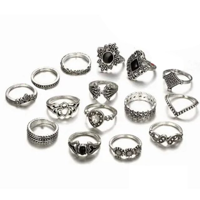 15 anillos de metal vintage para juntas de dedo, anillos decorativos de diseño hueco para hombres y mujeres