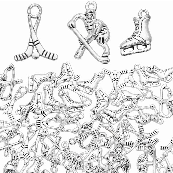 1 Set 48Pcs 3 Style Tibetan Style Alloy Pendants Mixed Shape Charms Ice Hockey Theme Antique Silver 17~25x12~16.5x3~6mm Hole: 1.5~3mm 16pcs/style