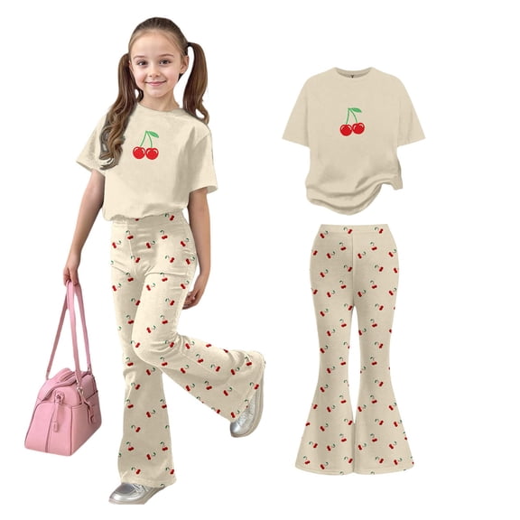 Two Piece Sets for Girls Short Sleeve T-Shirt Top and Flared Pants Sets Summer Clothes Girl Outfits Size 9-10 Years