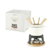 Twine 5998 Farmhouse Kitchen Enamel Cast Iron Fondue Set Cheese Melting Pot Metal Stand with Stainless Steel Forks and Chrome Gel Burner, 8.5", Off-Cream