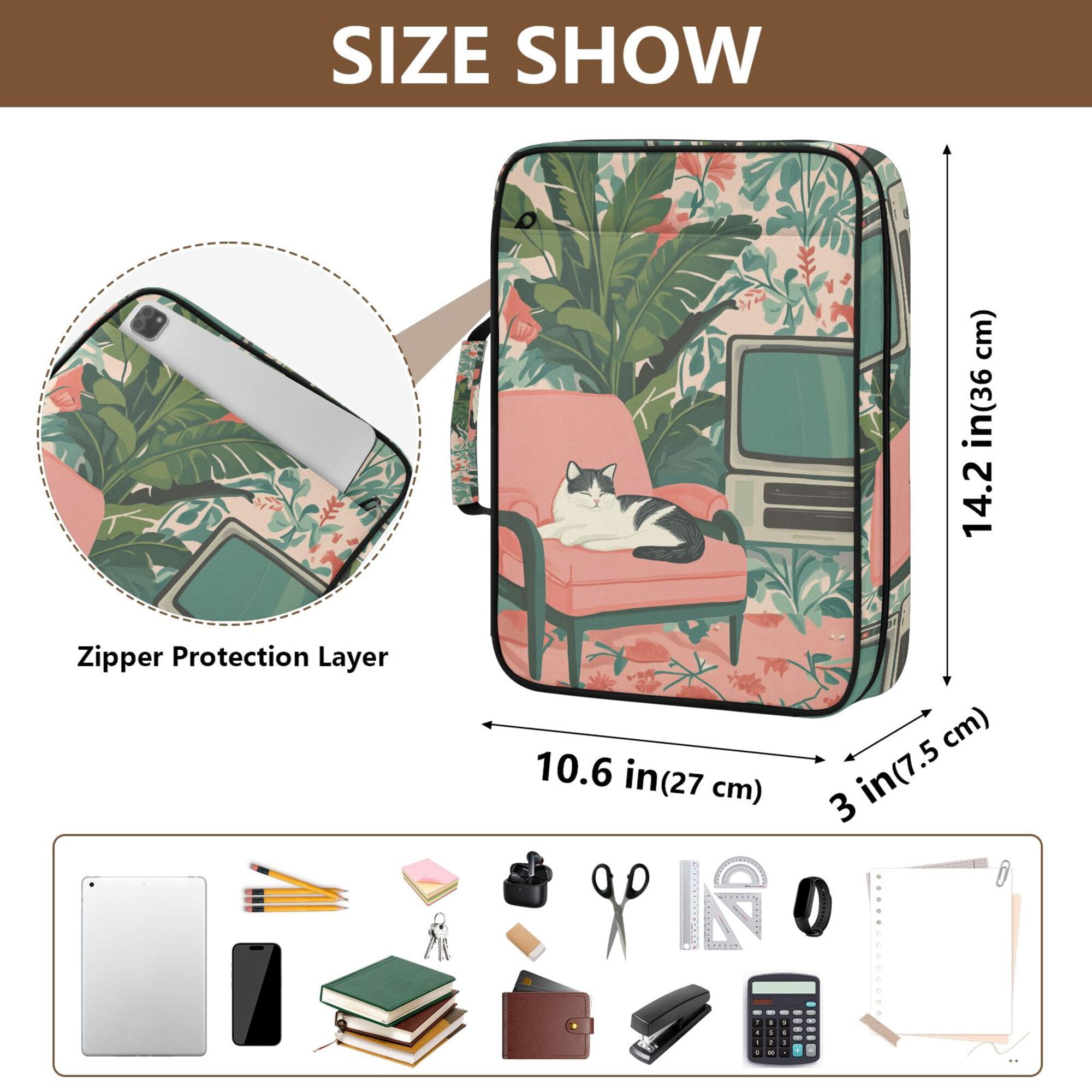 FORMRS Accordion File Folder A4 Size 7-Pocket Expanding Document Organizer Bag with 3 Ring Binder, Pink and White Cat