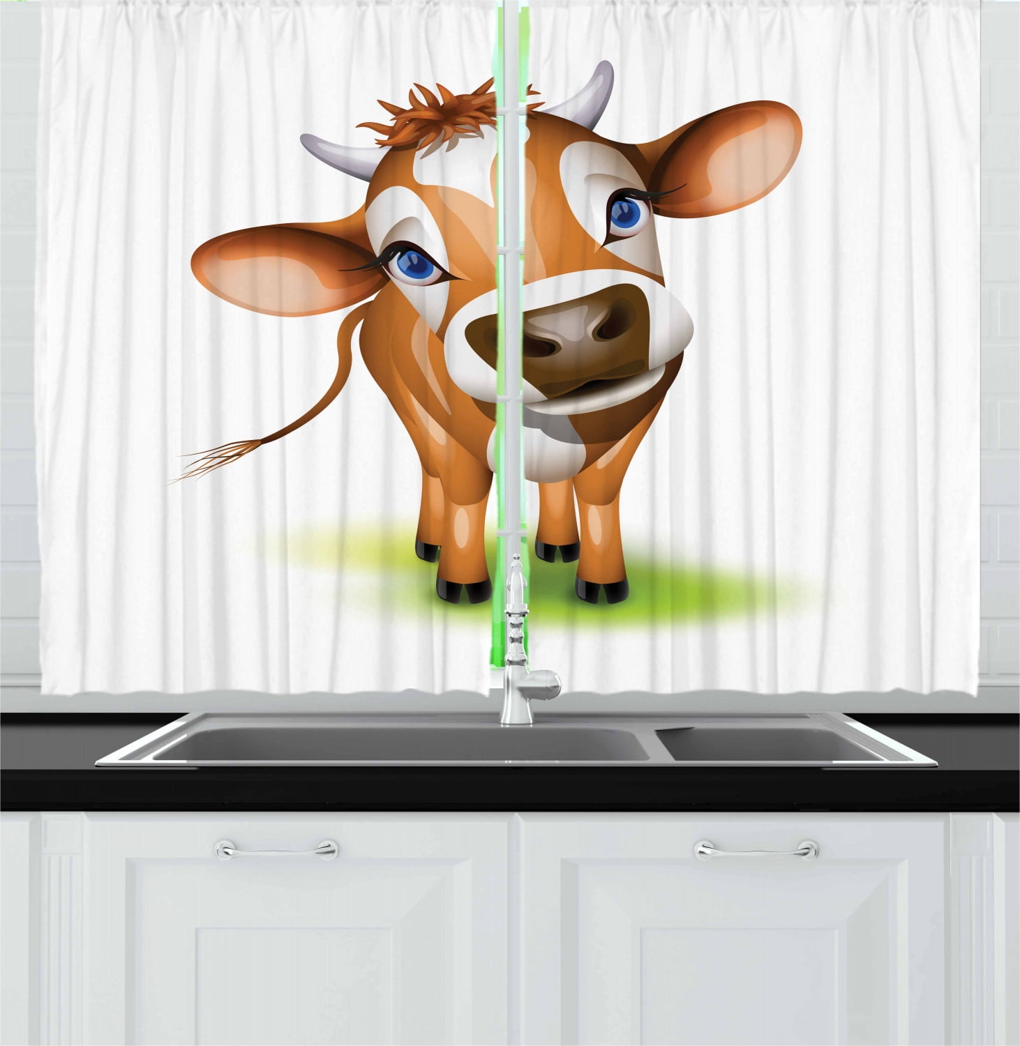 Baby Curtains 2 Panels Set, Digitally Composed Cow with Beautiful Captivating Eyes Livestock Theme, Window Drapes for Living Room Bedroom, 55W X 39L Inches, Cinnamon Royal Blue Green, by Ambesonne