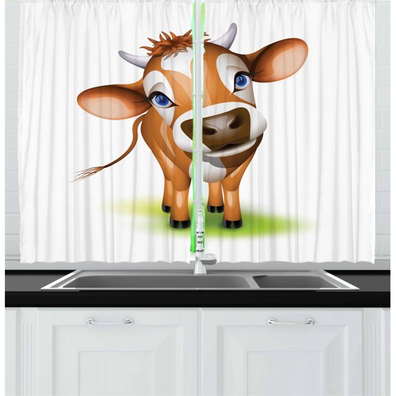 Ambesonne Cartoon Kitchen Curtains, Cow with Blue Eyes Grass, 55"x39", Royal Blue and Cinnamon