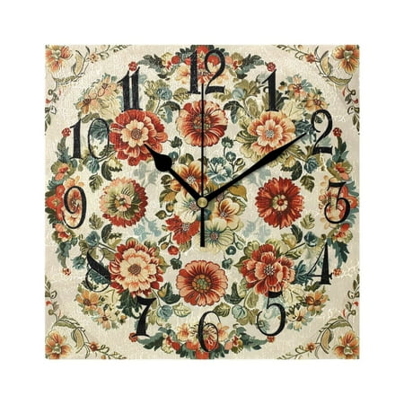 Vintage Medallion Floral Flowers Wall Clock Decorative Square Silent Non-Ticking Operated Clocks Aesthetic for Bedroom Living Room