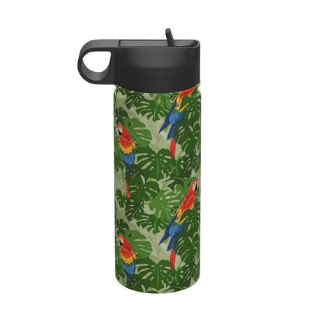 

Salouo Parrots And Tropical Leaves Pattern 18 oz Water Bottle With Straw Stainless Steel Sports Water Cup Flask Wide Mouth Travel Thermal Mug for Home Office Car