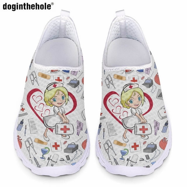 Doginthehole - Zapatos planos informales de verano para mujer, con estampado de dibujos animados de enfermera, ligeros, cómodos y antideslizantes