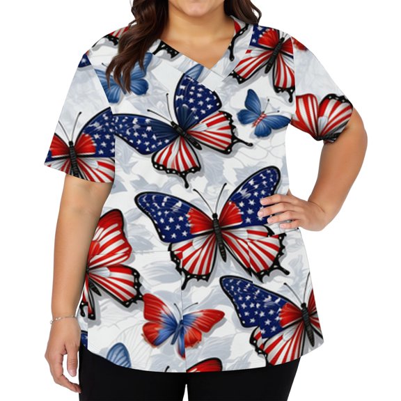 Iaqnaocc Patriotic Scrub Tops Women 4th of July American Flag Butterfly Nurse Uniforms Fashion V Neck Side Slits Scrub Tops Independence Day Short Sleeve Nursing Scrubs with Pockets White XL
