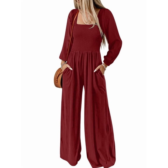 Women'S Casual Loose Overalls Jumpsuits One-Piece Long Sleeve Wide Leg Long Pant Rompers with Pockets Wine Red XL