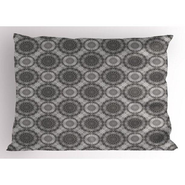 Grey Pillow Sham Antique Artistic Pattern with Ornamental Flowers
