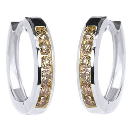 Gold Champagne Diamond Earrings - Round Cut Champagne Natural Diamond Hoop Earrings In 14K Solid White Gold (0.7 Ct) By Jewel Zone US