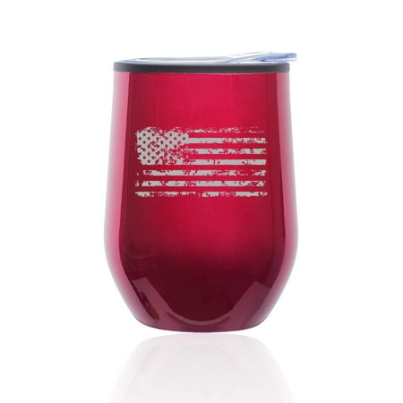 

Stemless Wine Tumbler Coffee Travel Mug Glass with Lid Grunge American Flag (Fuchsia)