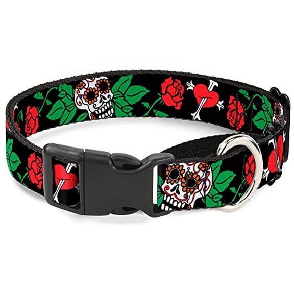 Buckle-Down Sugar Skull with Roses & Heart Martingale Dog Collar