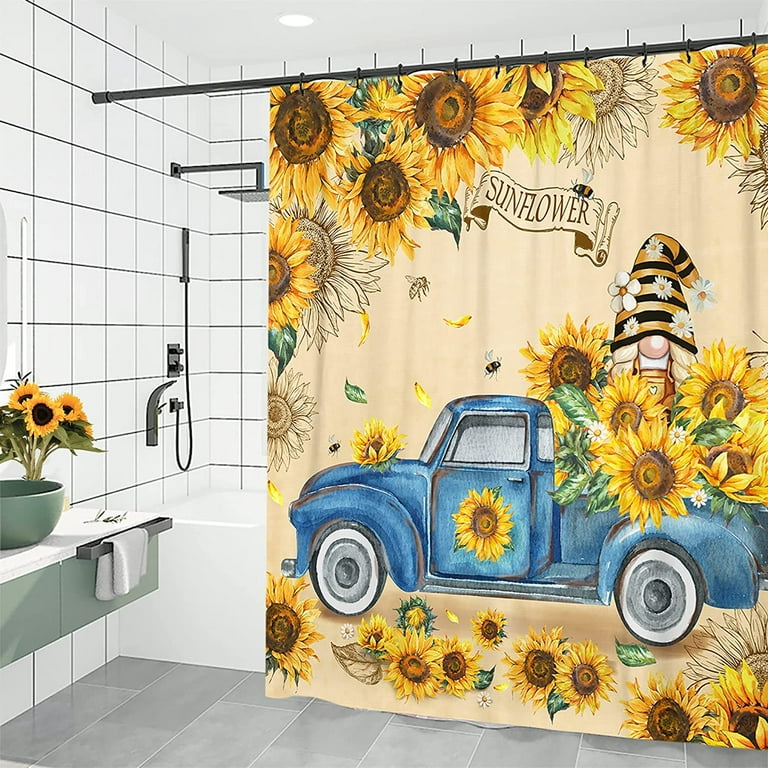 Farmhouse Bee Gnomes Watercolor Sunflower Shower Curtain Set